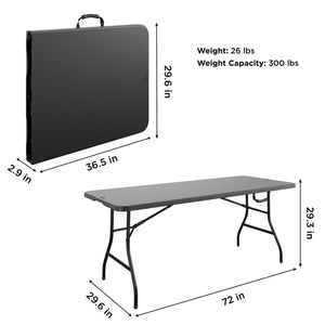 Deluxe 6 foot x 30 inch Fold-in-Half Blow Molded Table - Black - 6’ FIH